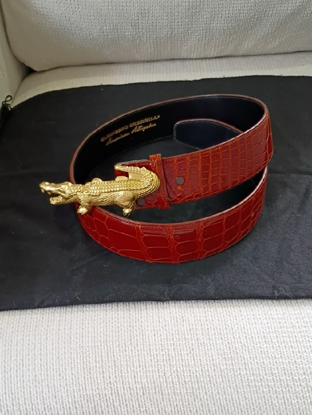 Red ALLIGATOR Leather Belt with Brass ALLIGATOR Buckle